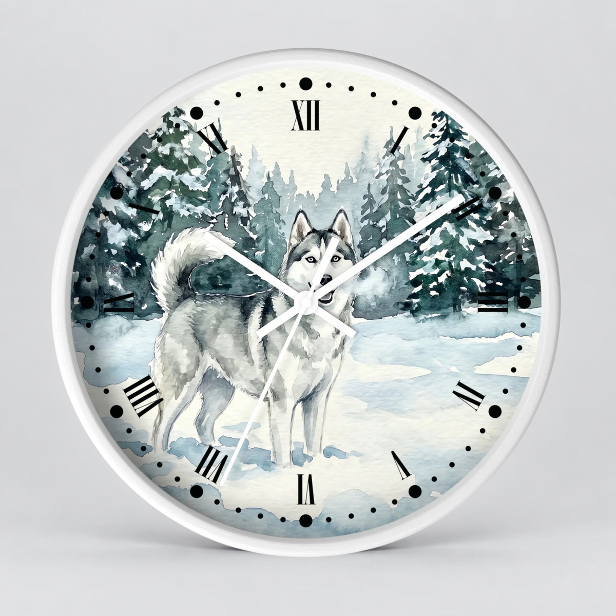 Siberian Husky Winter Wall Clock — Snowy Forest Dog Decor