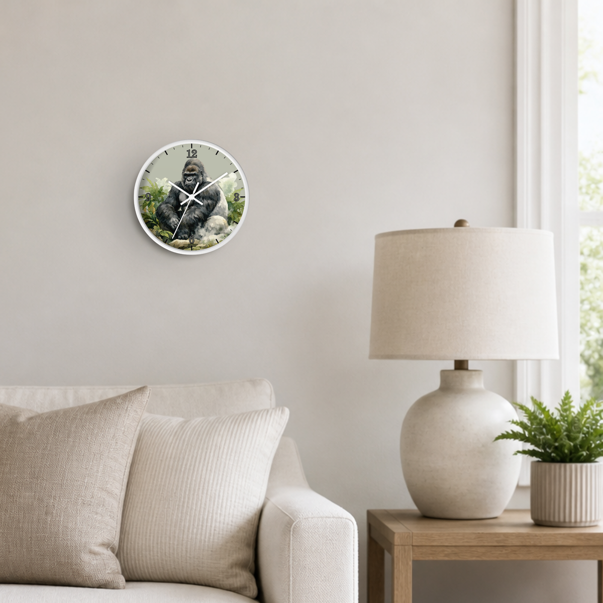 A round wall clock featuring a gorilla sitting in a jungle scene, mounted on a light beige wall above a sofa in a styled living room setting.