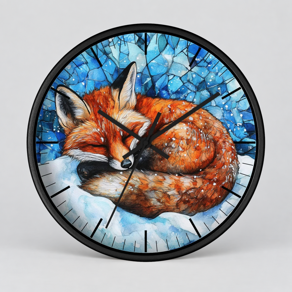 A round wall clock with a black frame featuring a painted sleeping fox in blue snow, shown against a light gray background.