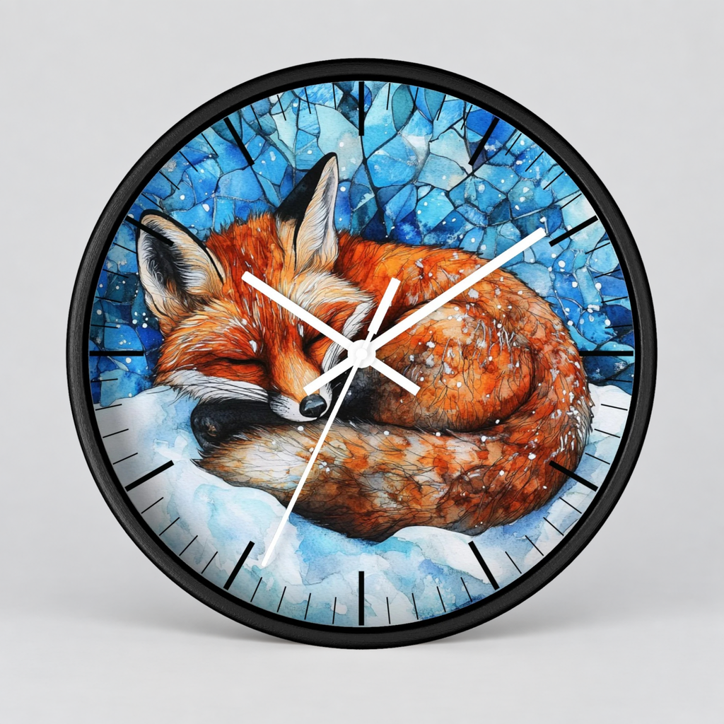A round wall clock with a black frame featuring a painted illustration of a sleeping orange fox curled up in white snow against a blue icy background. White clock hands and black hour markers are visible on the face.