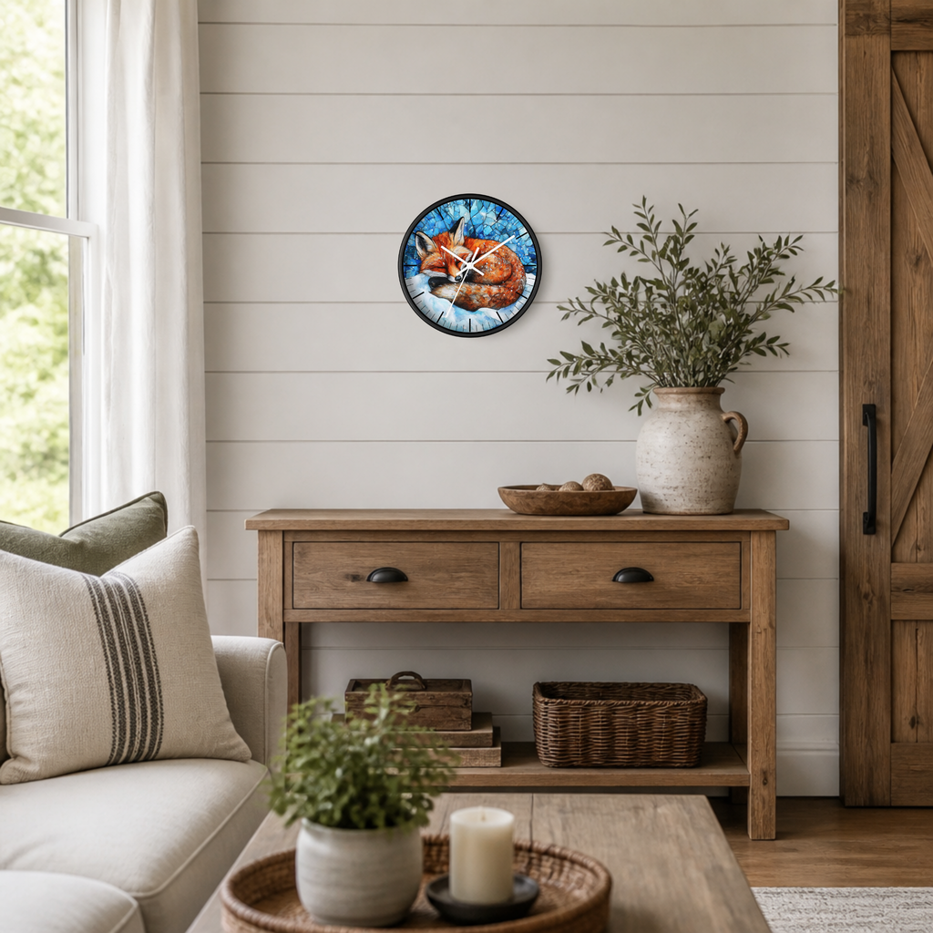 Sleeping Fox Wall Clock —  Woodland Animal Stained Glass Decor