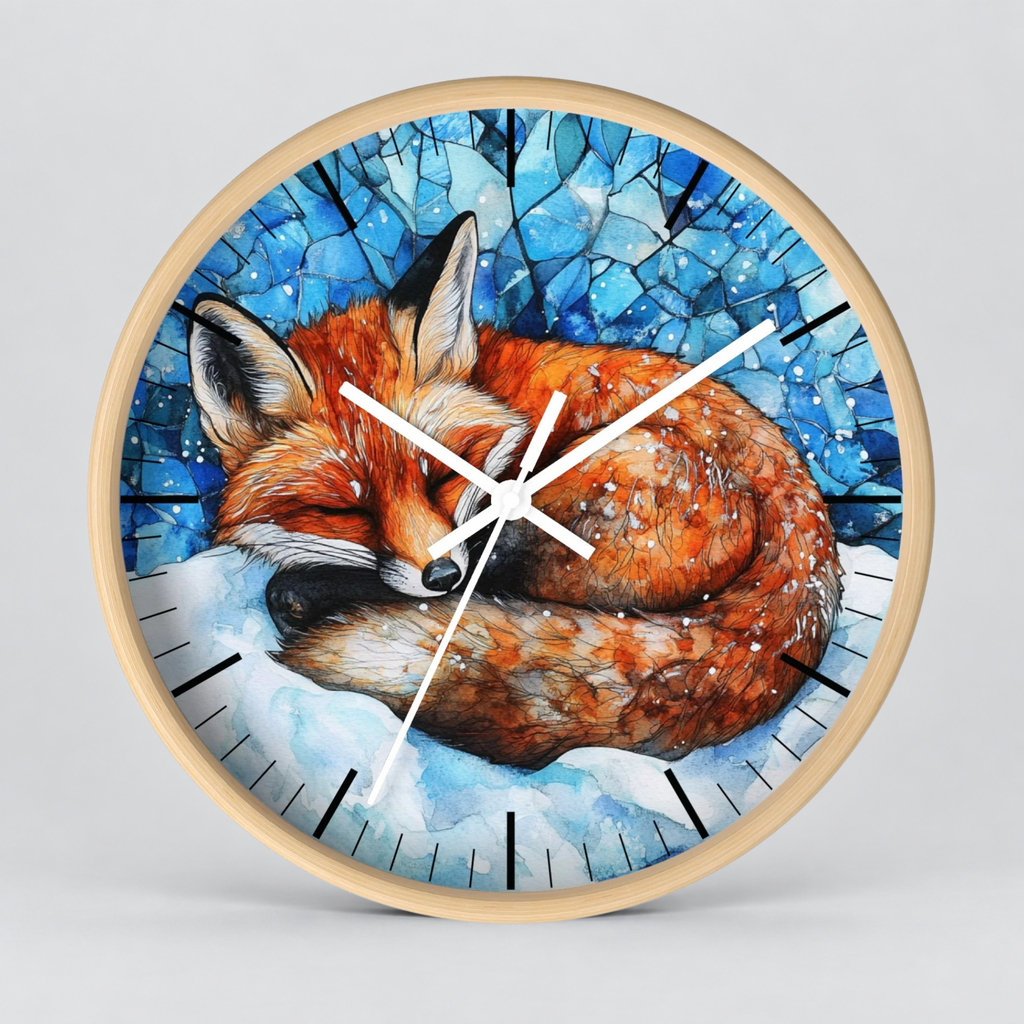 Round wall clock with a light wood frame featuring a painted fox sleeping in the snow on a blue mosaic-style background, shown against a light gray studio backdrop.