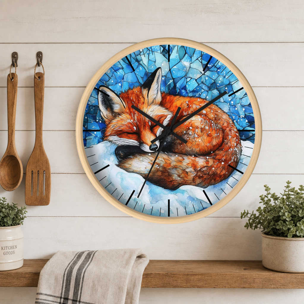 A round wall clock with a light wood frame hangs on a white wood-paneled wall above a shelf. The clock face features a painted sleeping fox in orange and brown tones against a blue mosaic-style background.