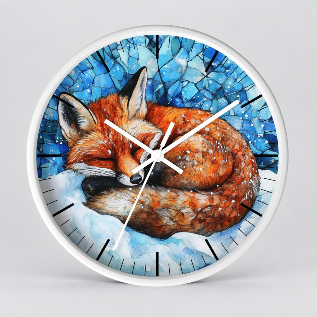 A round wall clock with a white frame and a printed illustration of a sleeping fox in blue snow, shown against a light gray background.
