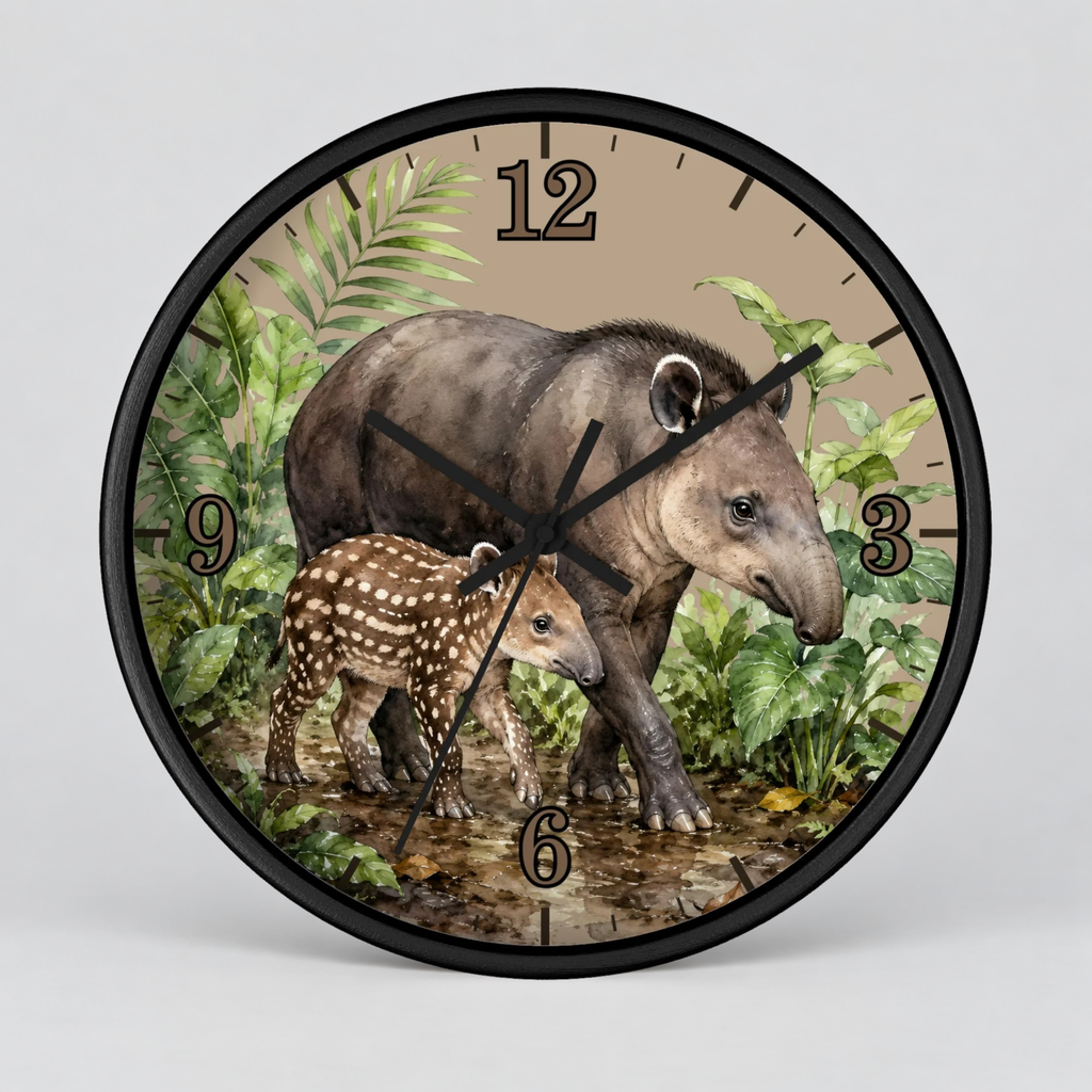 Baird's Tapir Family Wall Clock — Tropical Watercolor Jungle Nursery Decor