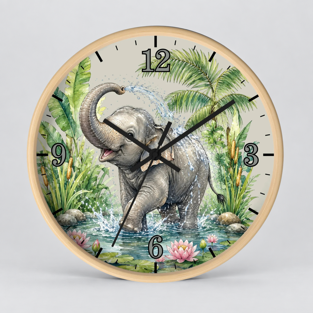 Round wall clock with a light wood frame and a tropical jungle illustration featuring a playful elephant standing in water, shown against a plain light gray background.