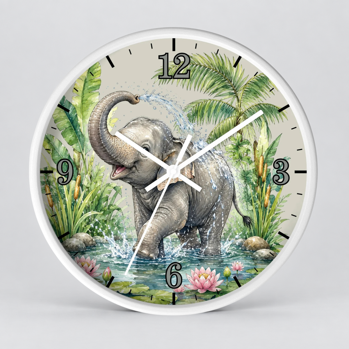 A round wall clock with a white frame and a detailed illustration of an elephant bathing in water, surrounded by tropical plants, on a light gray background.