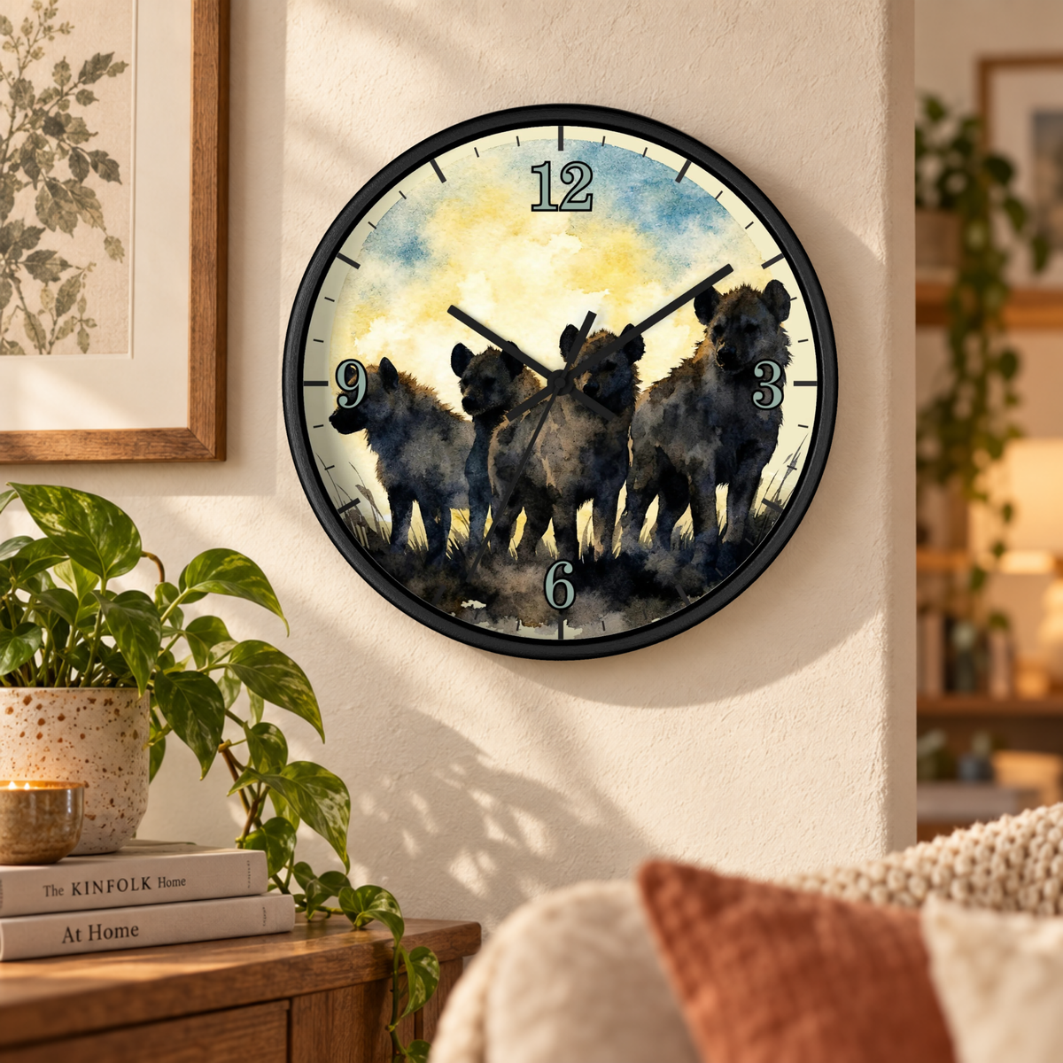 A round wall clock with a black frame hangs on a beige wall in a styled room. The clock face features a watercolor-style illustration of four dark hyenas against a yellow and blue sky.