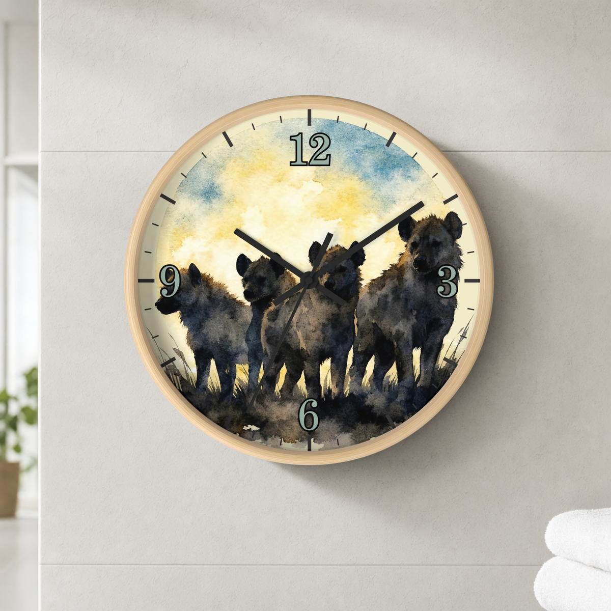 Spotted Hyenas Wall Clock – Watercolor Safari Animal Decor