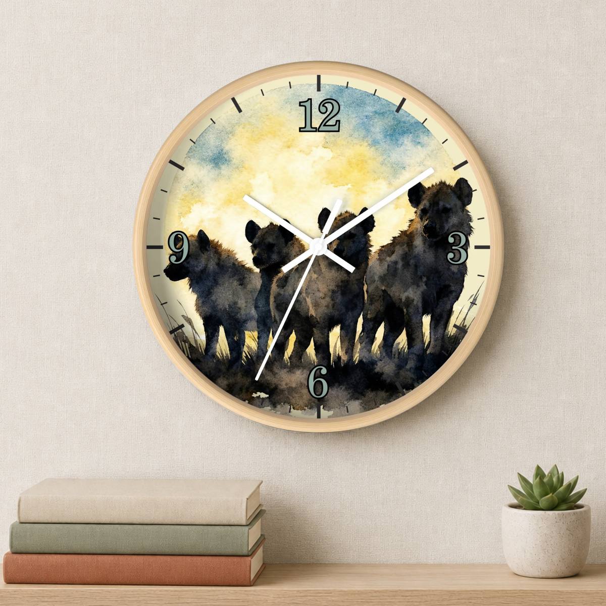 Spotted Hyenas Wall Clock – Watercolor Safari Animal Decor