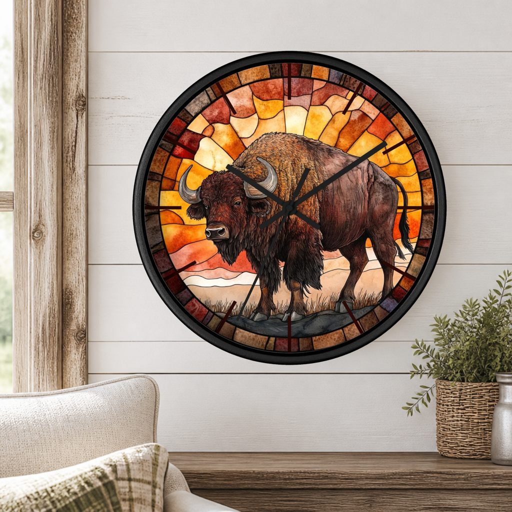 A round wall clock with a stained-glass-style bison illustration, mounted on a white shiplap wall above a wooden mantel with a small potted plant.