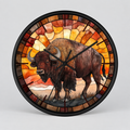Round wall clock featuring a stained-glass-style illustration of a bison with a black frame, shown against a light gray background.