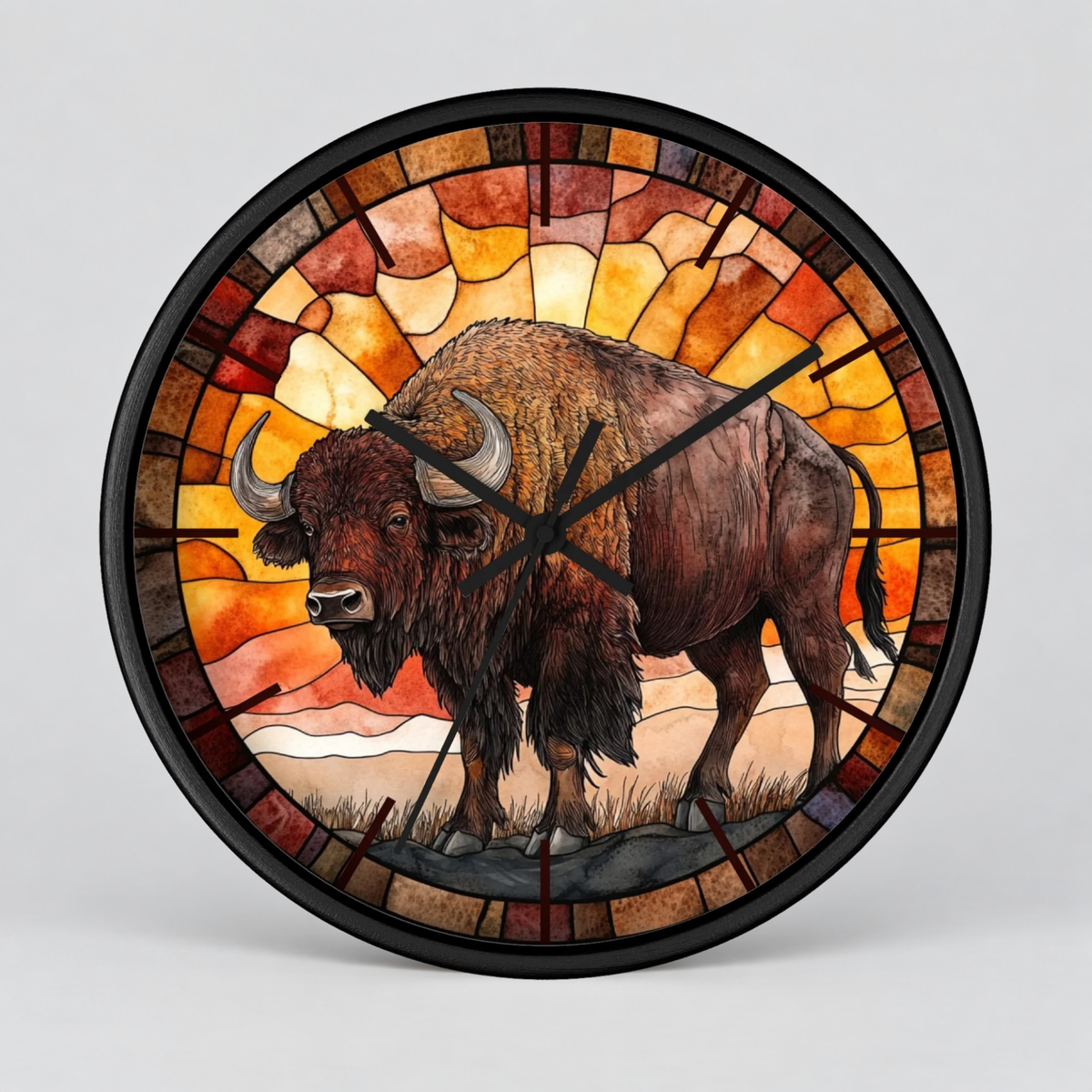 Round wall clock featuring a stained-glass-style illustration of a bison with a black frame, shown against a light gray background.