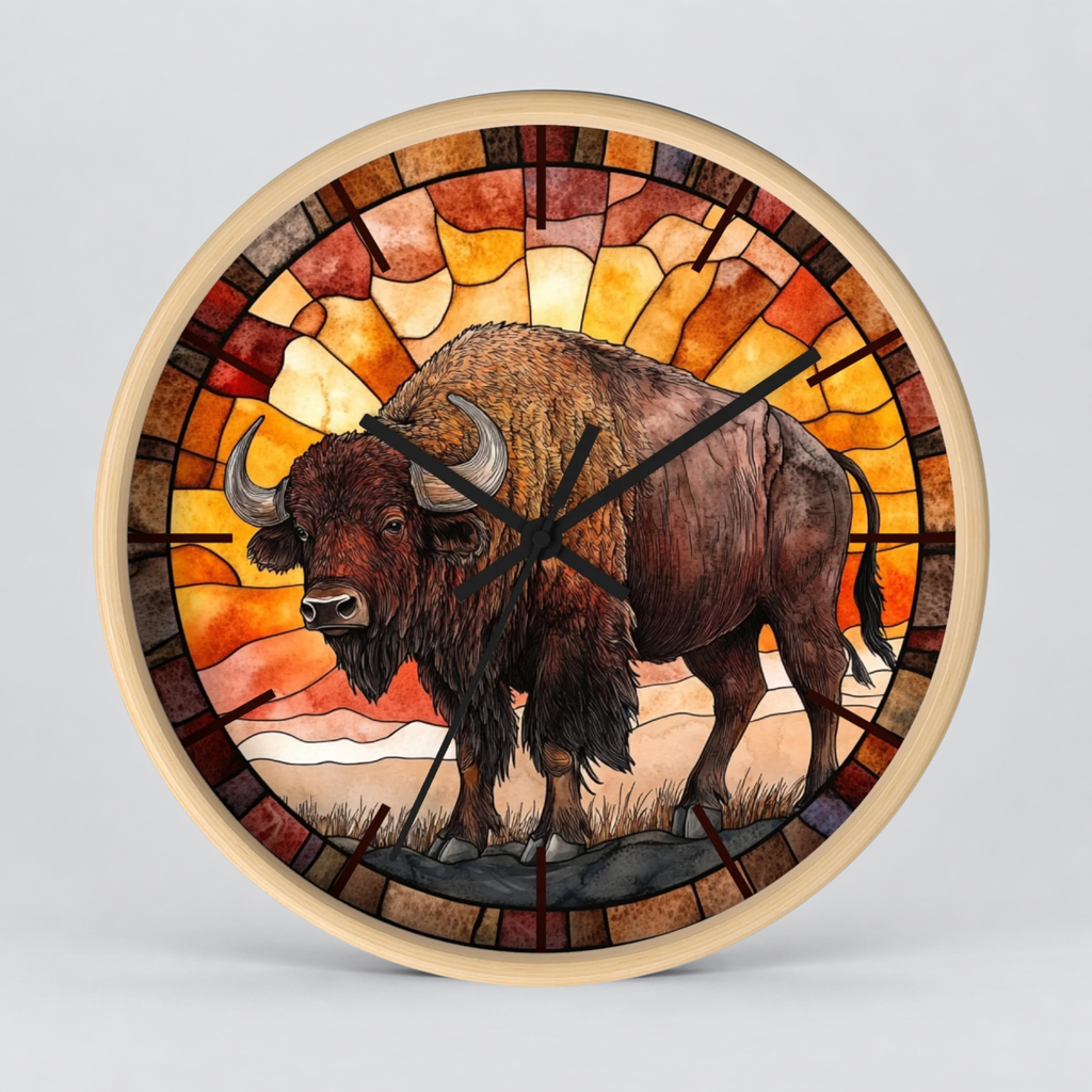 A round wall clock featuring a stained-glass-style design with a bison standing in front of a warm sunset scene. The clock has a light natural wood frame and black hands, photographed against a clean light gray background.