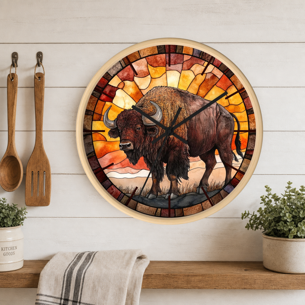 A round wall clock with a stained-glass-style design featuring a bison and warm sunset colors, mounted on a white wood plank wall above a shelf with plants and a towel.