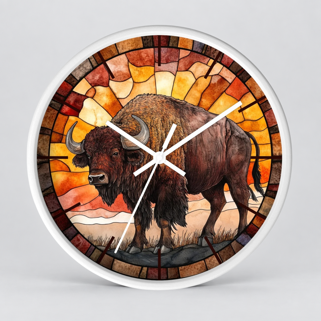 Round wall clock with a stained-glass-style illustration of a bison in warm orange, yellow, brown, and red tones, shown against a light gray background.