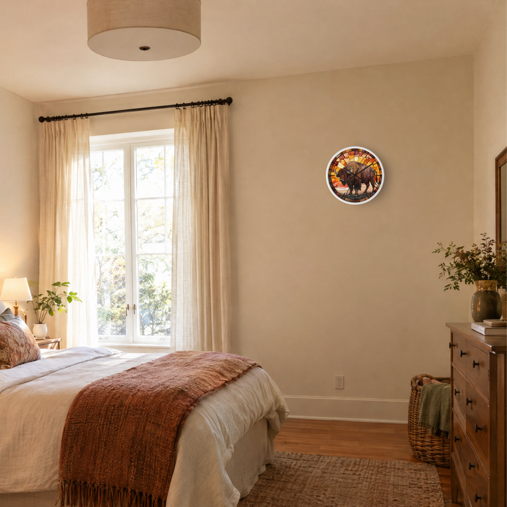 A bedroom interior with a bed, window, curtains, dresser, and a round wall art piece featuring a dinosaur illustration mounted on the wall.