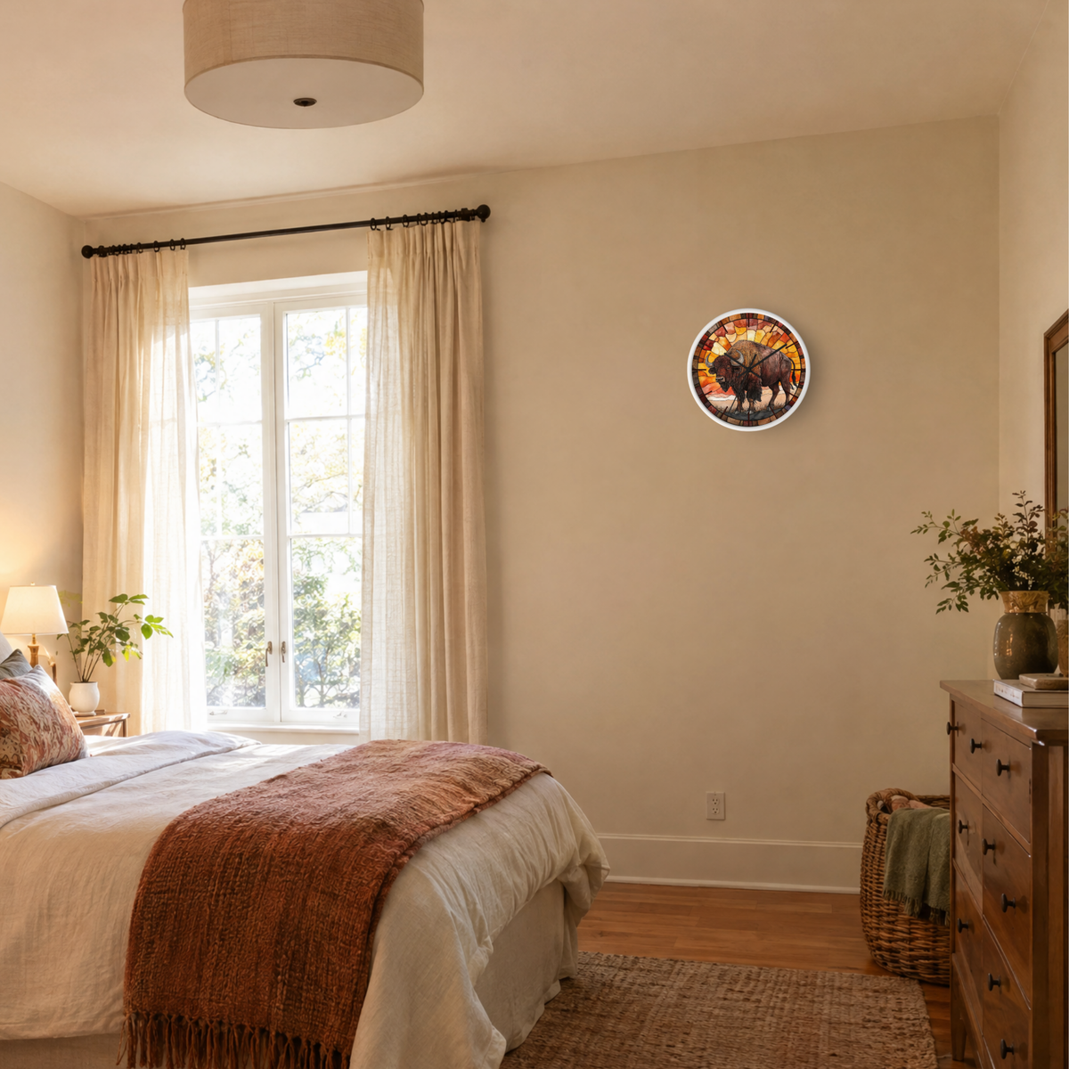 A bedroom interior with a bed, window, curtains, dresser, and a round wall art piece featuring a dinosaur illustration mounted on the wall.