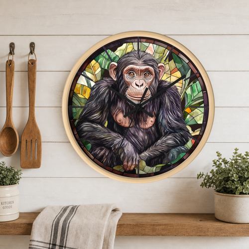 Round wall clock featuring a chimpanzee illustration in a stained-glass style with green, yellow, and brown tones, mounted on a white wood paneled wall above a wooden shelf with kitchen utensils, plants, and a towel.