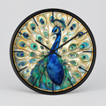 Round wall clock featuring a detailed illustration of a peacock with a fully fanned tail of blue, teal, and gold feathers, set against a cream background with a black frame and black hands.
