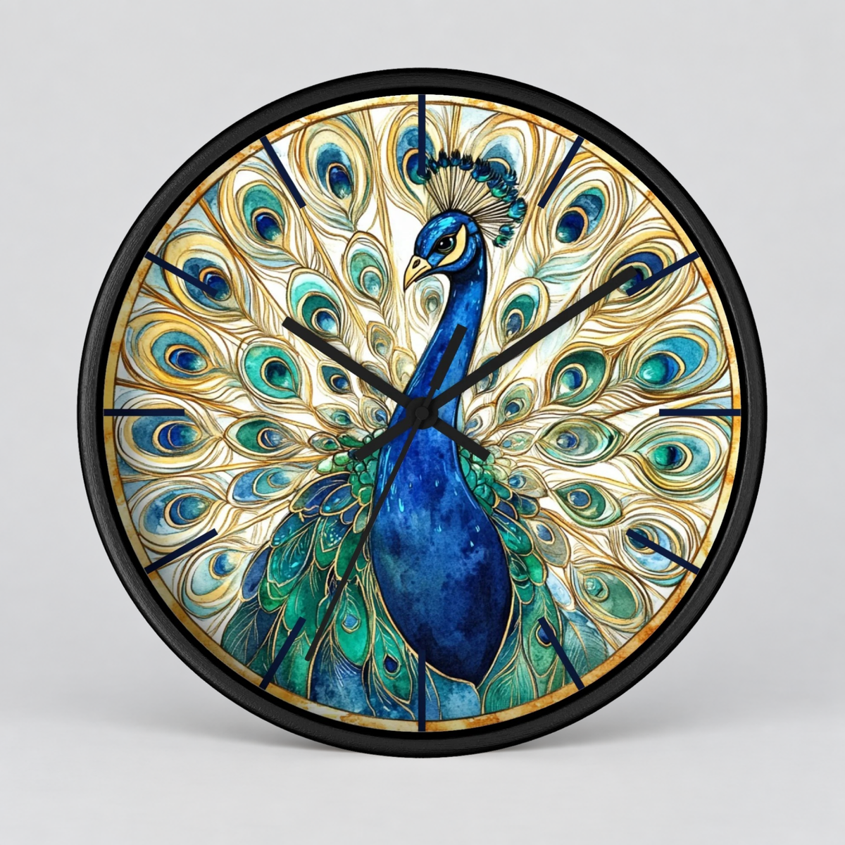 Round wall clock featuring a detailed illustration of a peacock with a fully fanned tail of blue, teal, and gold feathers, set against a cream background with a black frame and black hands.