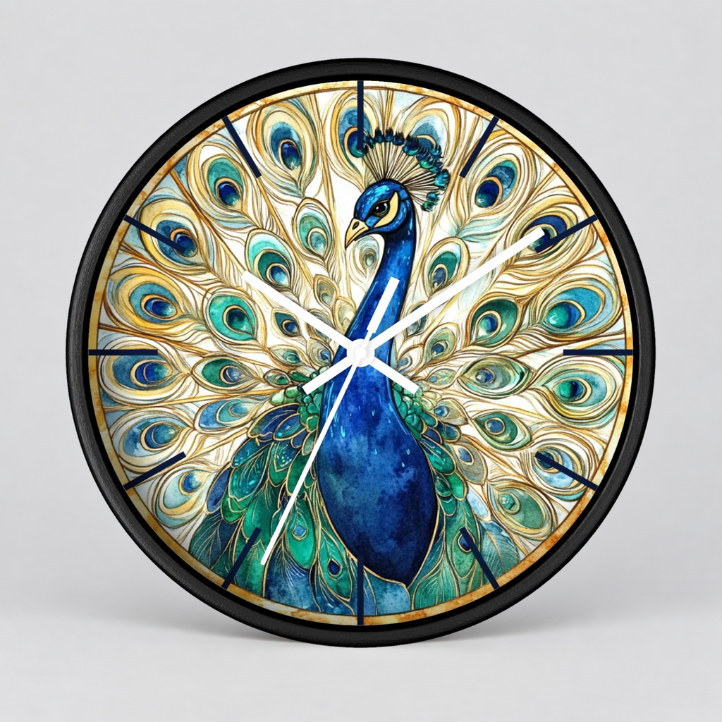 Round wall clock with a black frame and a detailed illustration of a peacock with an open tail of blue, teal, and gold feathers on a light background.