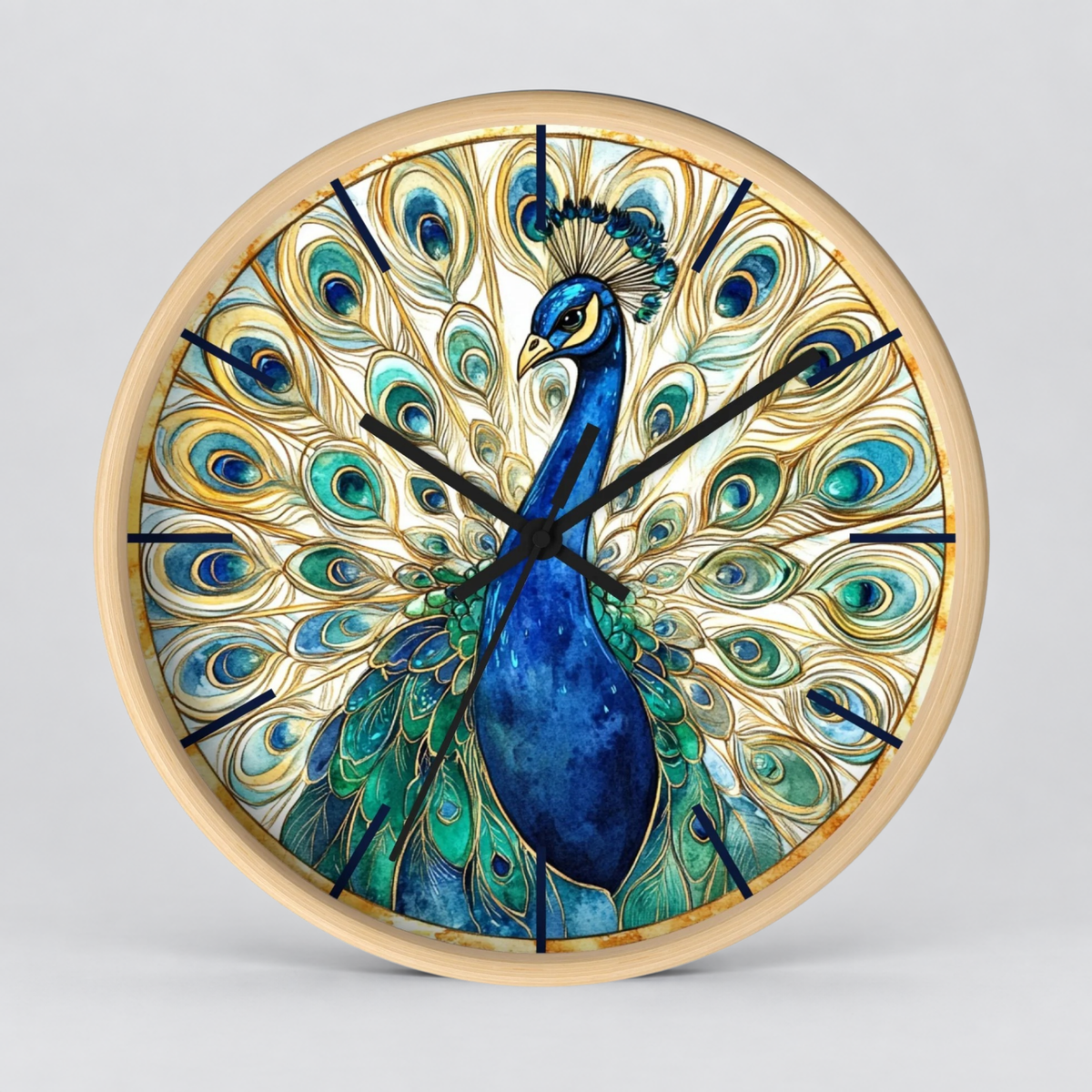 Round wall clock featuring a detailed illustration of a peacock with a vibrant blue body and an elaborate tail of teal, green, and gold feathers, set in a light natural wood frame against a neutral gray background.