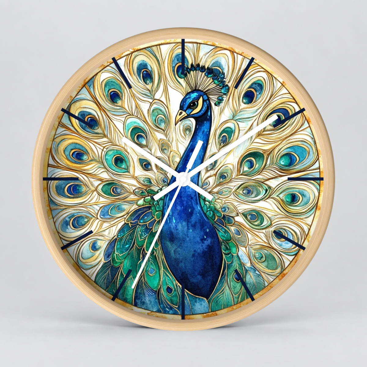 Round wall clock with a light wood frame featuring a detailed illustration of a peacock with an open peacock feather pattern in blue, green, and gold, with white clock hands.