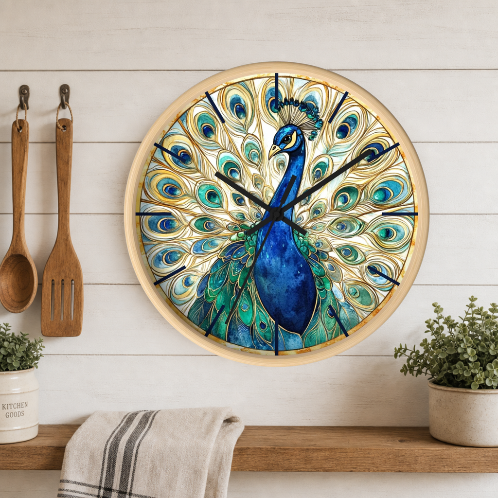 Round wall clock featuring a detailed peacock illustration with blue, teal, and gold feathers, mounted on a white wood paneled wall above a wooden shelf with kitchen utensils and plants.