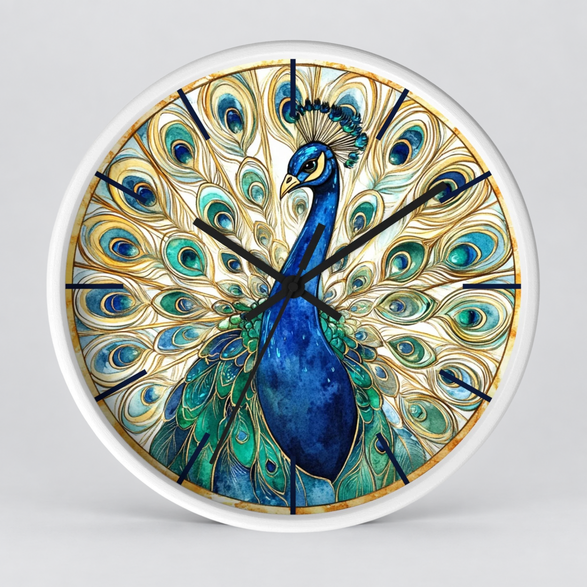 Round wall clock featuring a detailed illustration of a peacock with a fully fanned tail of blue, teal, and gold feathers, set against a light gray background.