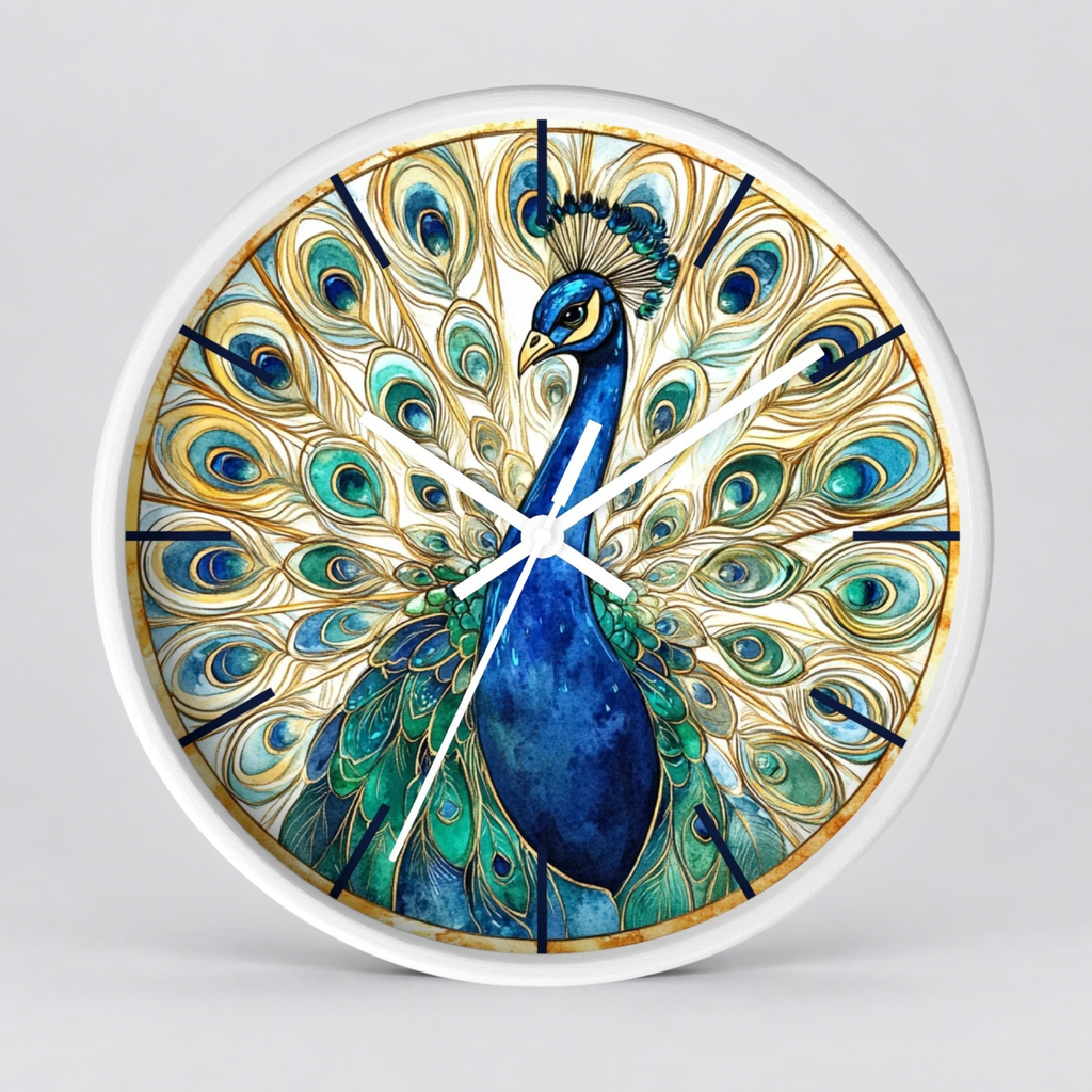 Round wall clock featuring a detailed peacock illustration with an open tail of blue, teal, and gold feathers on a white face and white hands.