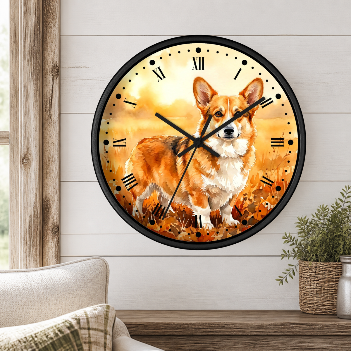 A round wall clock with a black frame and Roman numerals, featuring a printed illustration of a Pembroke Welsh Corgi standing in a golden field. The clock is mounted on a white shiplap wall above a wooden table with a small potted plant, with a beige armchair partially visible on the left.
