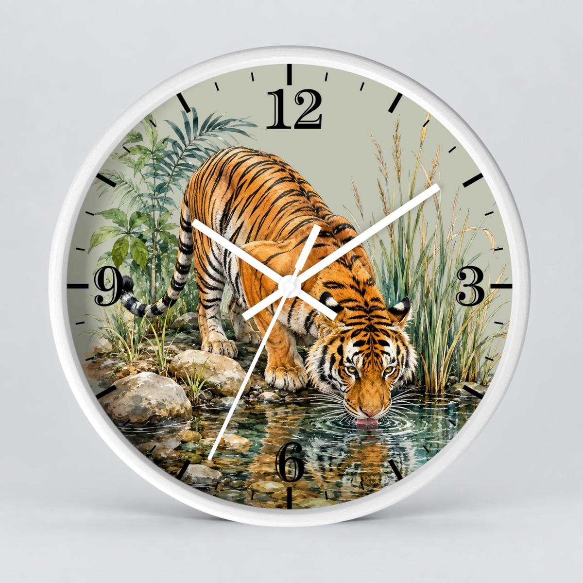 Round wall clock with a white frame and a printed illustration of a tiger drinking water, with black Arabic numerals and white hands, shown on a light gray background.