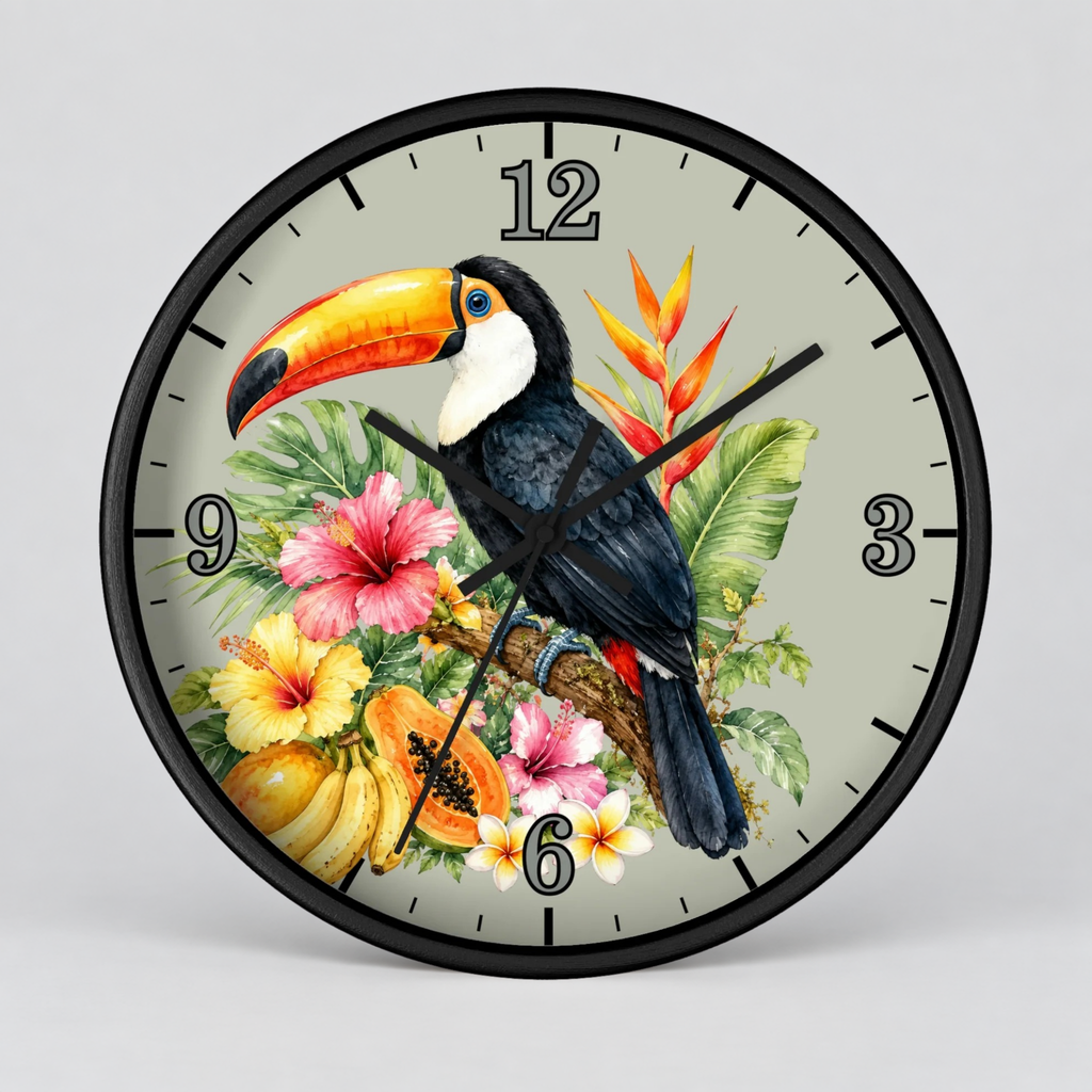 Tropical Toucan Wall Clock – Botanical Hibiscus & Bird Home Decor