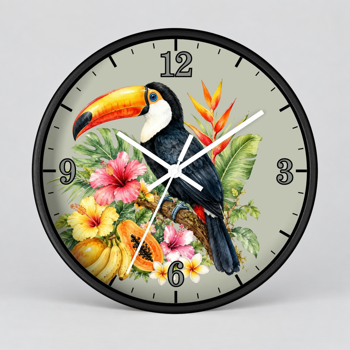 Tropical Toucan Wall Clock – Botanical Hibiscus & Bird Home Decor