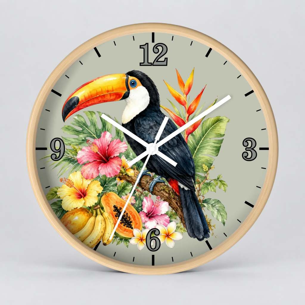 A round wall clock with a light wood frame and a tropical illustration featuring a toucan perched among pink hibiscus flowers, green leaves, and yellow-orange fruits on a pale gray background.