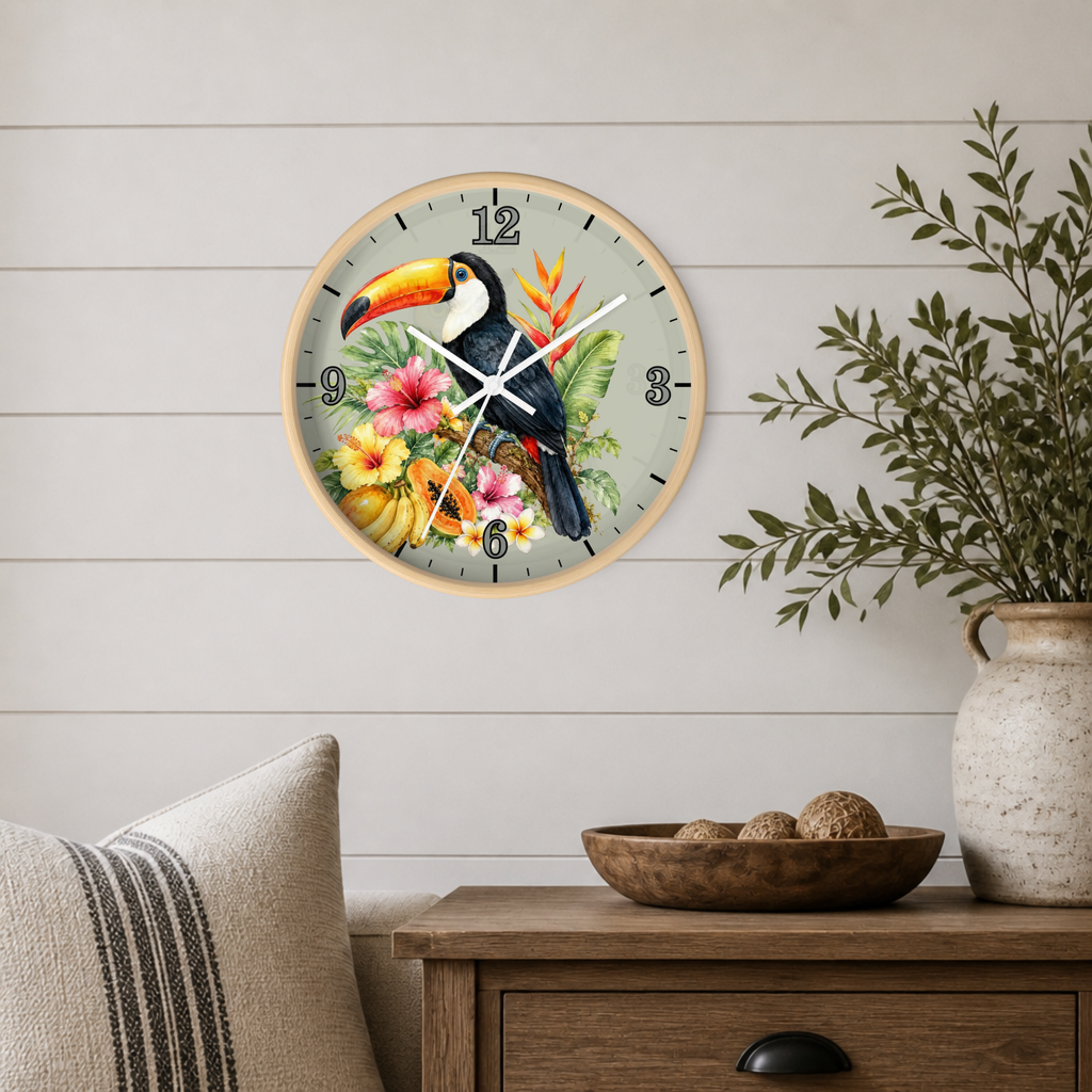 Tropical Toucan Wall Clock – Botanical Hibiscus & Bird Home Decor