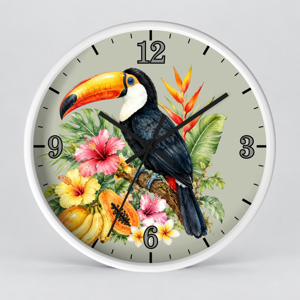 Tropical Toucan Wall Clock – Botanical Hibiscus & Bird Home Decor