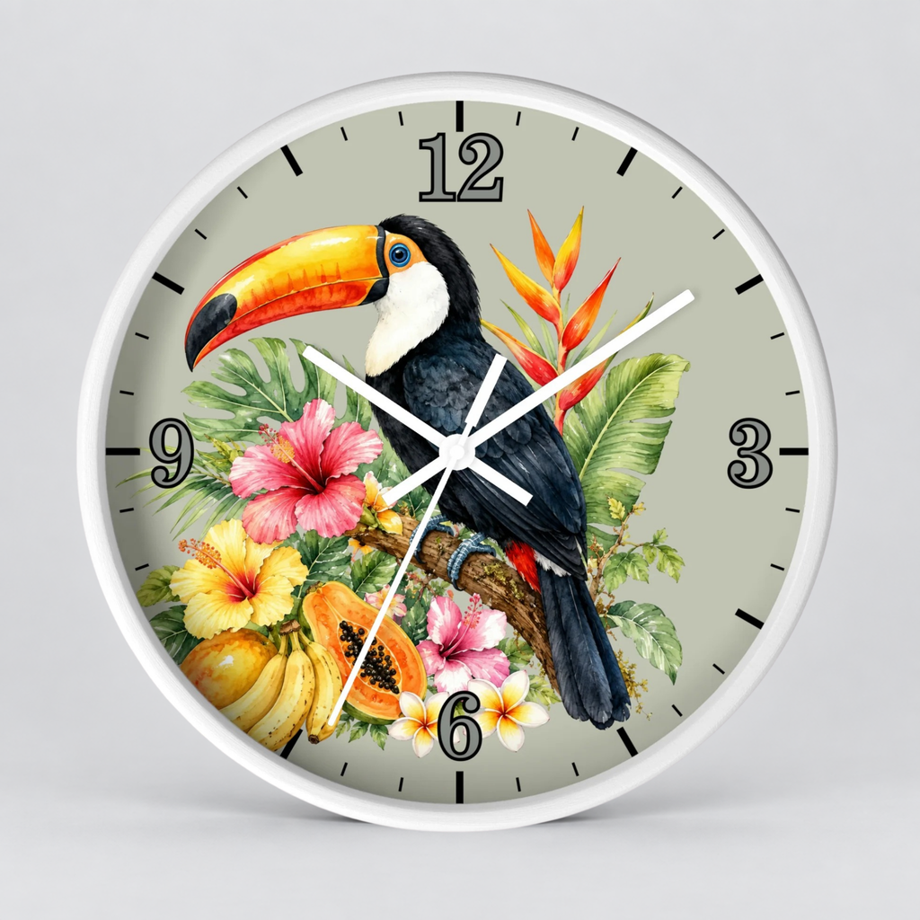 Tropical Toucan Wall Clock – Botanical Hibiscus & Bird Home Decor