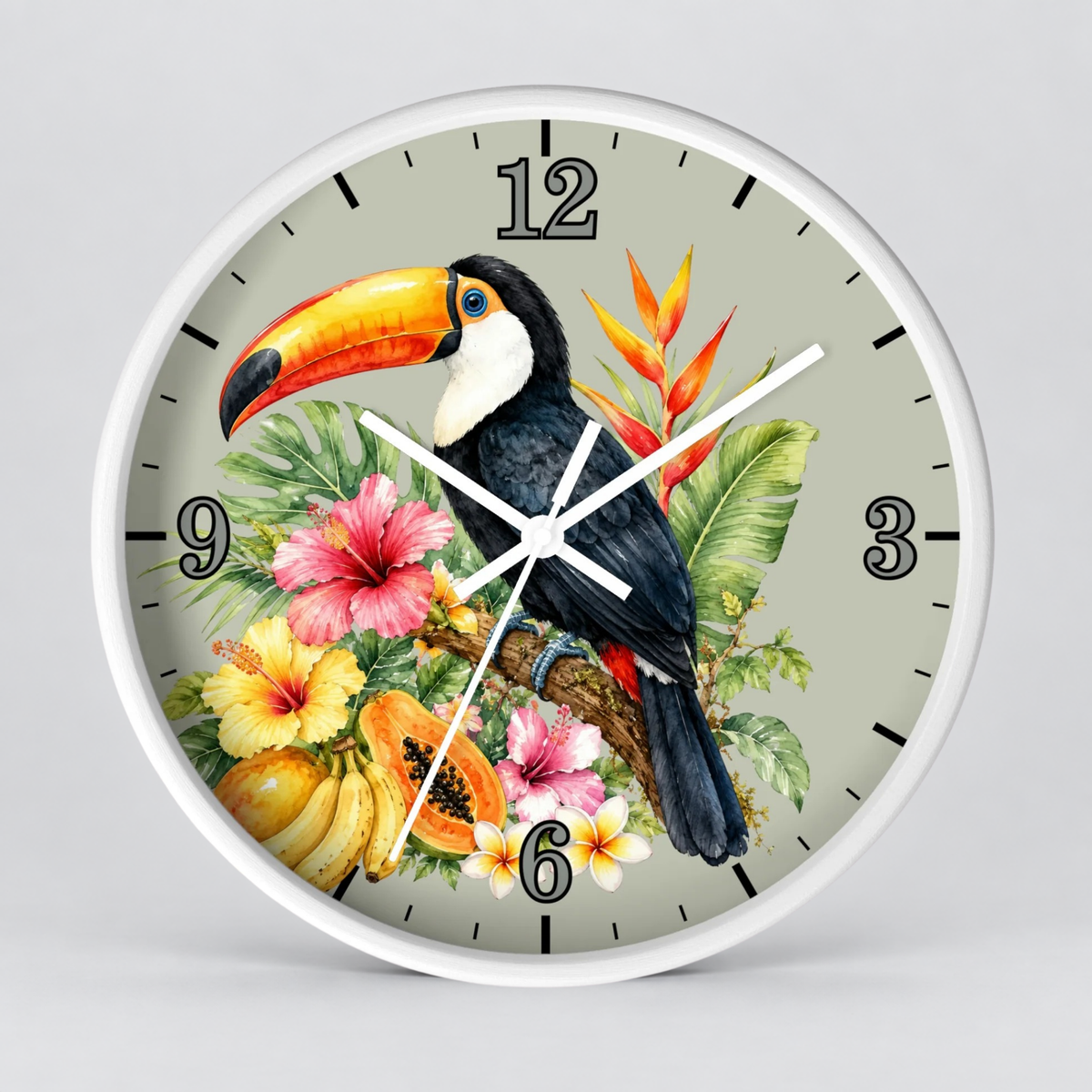 Tropical Toucan Wall Clock – Botanical Hibiscus & Bird Home Decor