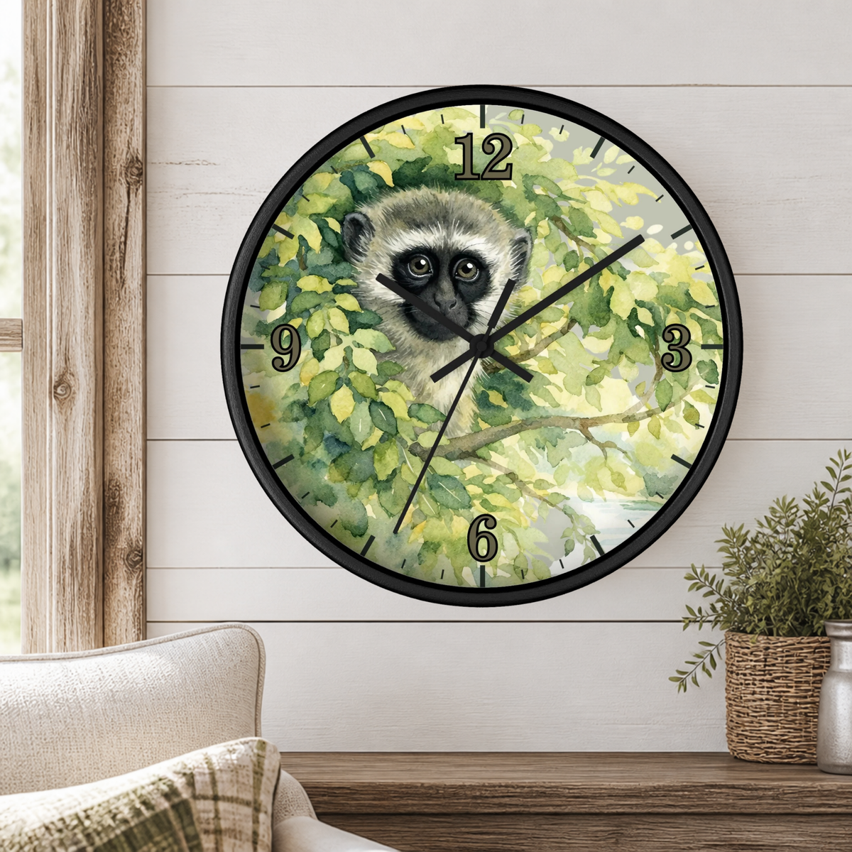 Watercolor Vervet Monkey Wall Clock —  Animal Decor for Wildlife Lovers