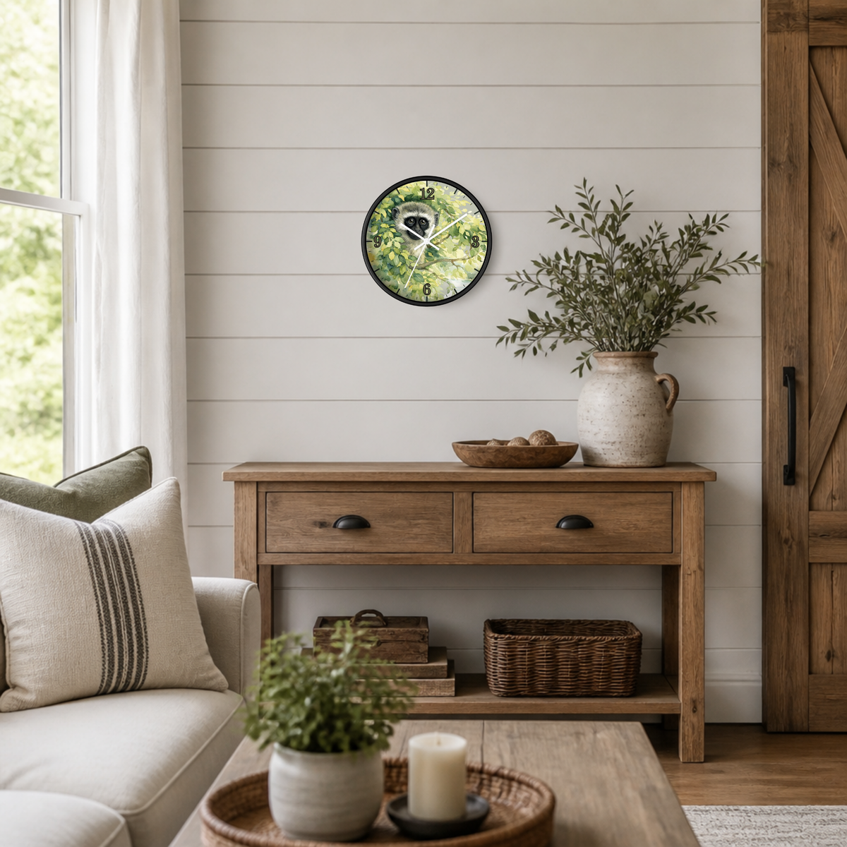 A round wall clock with a green forest vervet monkey face and black frame, styled on a white shiplap wall above a rustic wooden console table in a bright, modern farmhouse living room.