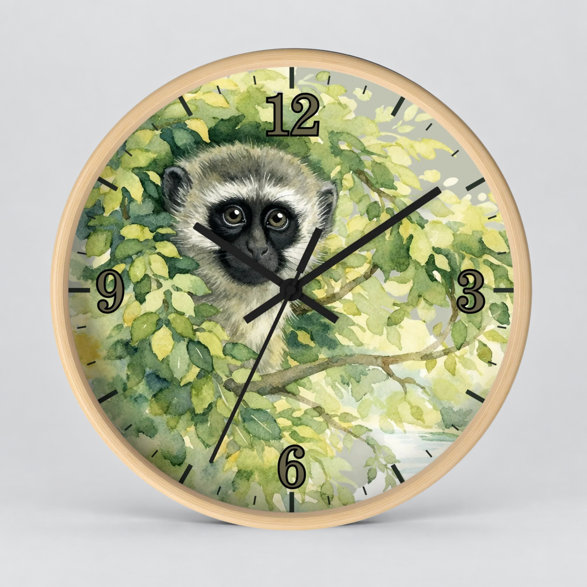 Watercolor Vervet Monkey Wall Clock —  Animal Decor for Wildlife Lovers