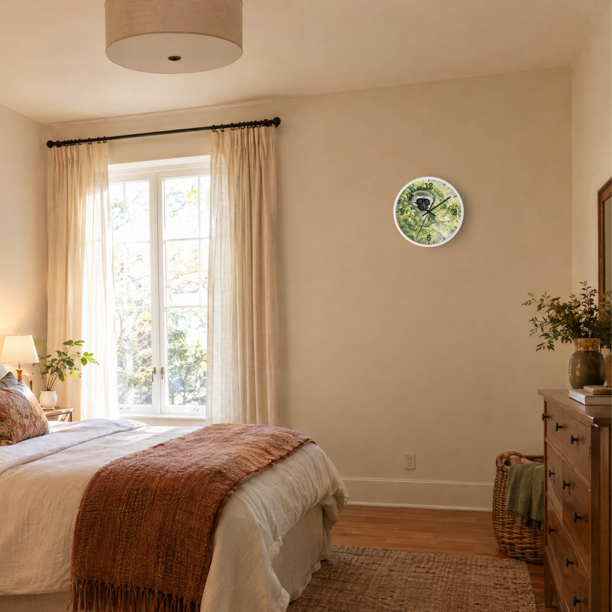 A round wall clock with a green forest illustration and black Roman numerals, mounted on a beige bedroom wall above a wooden dresser.