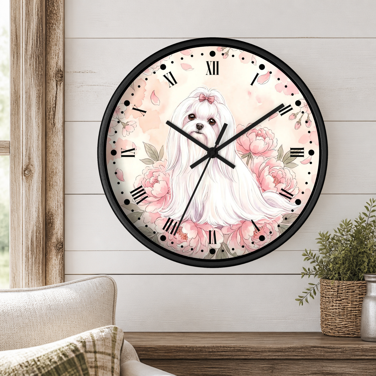 Floral Victorian Maltese Wall Clock — Watercolor Pink Peony Dog Decor