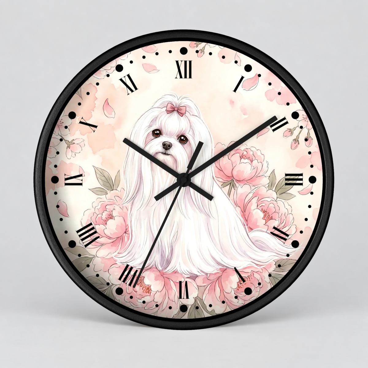 Floral Victorian Maltese Wall Clock — Watercolor Pink Peony Dog Decor
