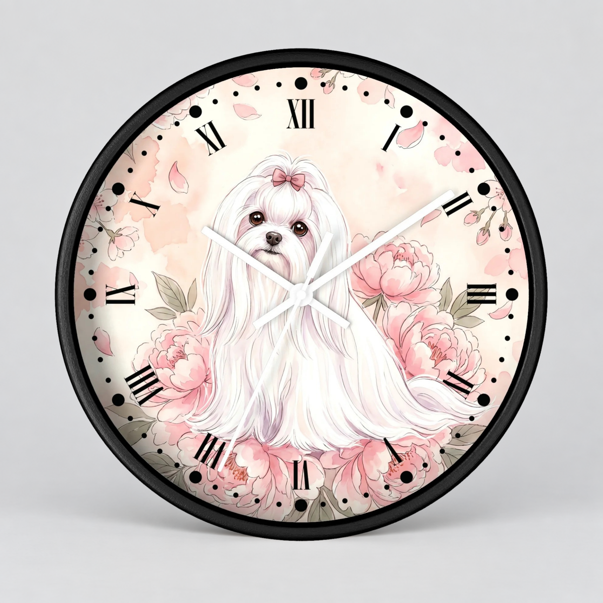 Floral Victorian Maltese Wall Clock — Watercolor Pink Peony Dog Decor
