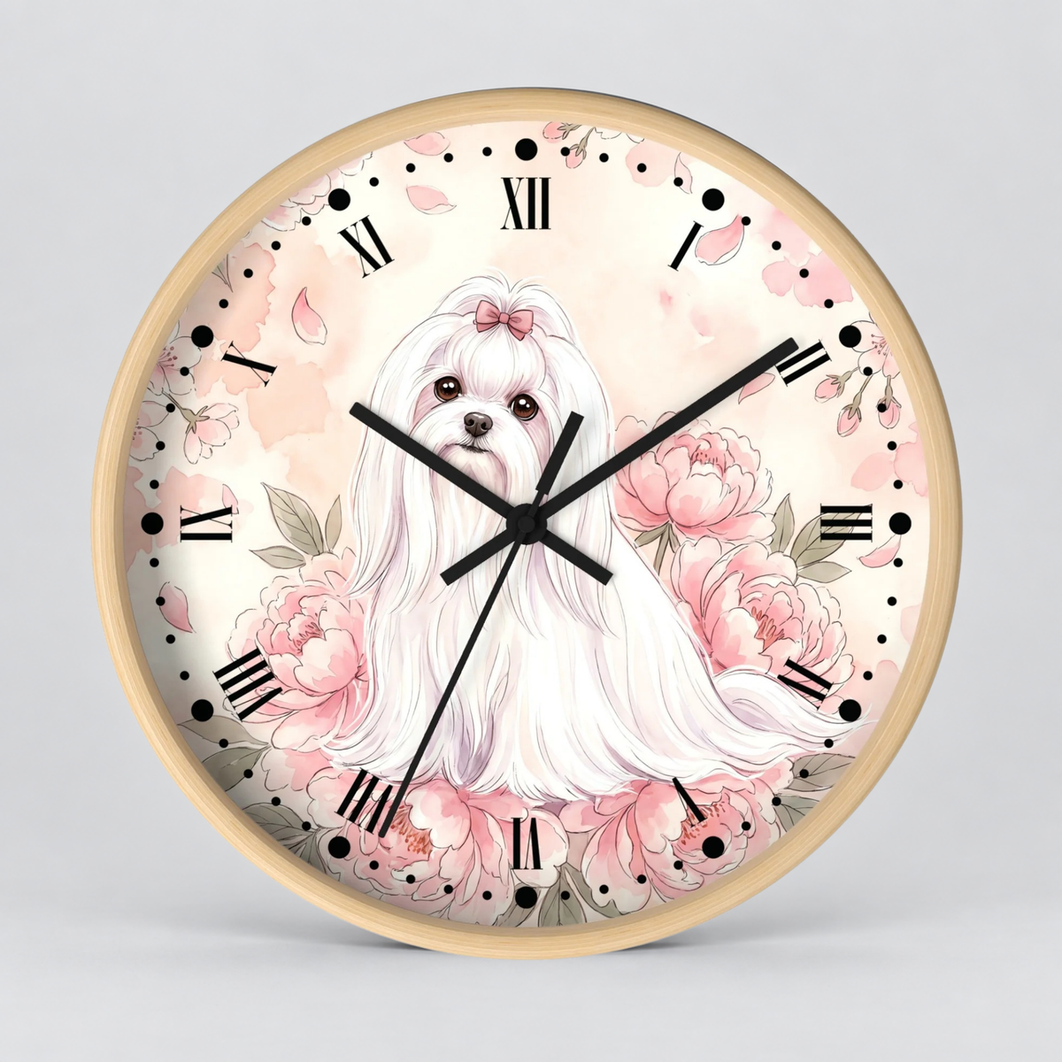 Floral Victorian Maltese Wall Clock — Watercolor Pink Peony Dog Decor