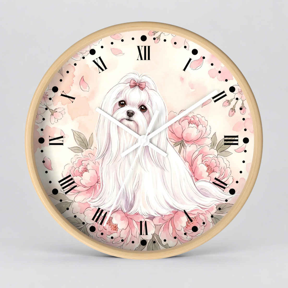 Floral Victorian Maltese Wall Clock — Watercolor Pink Peony Dog Decor
