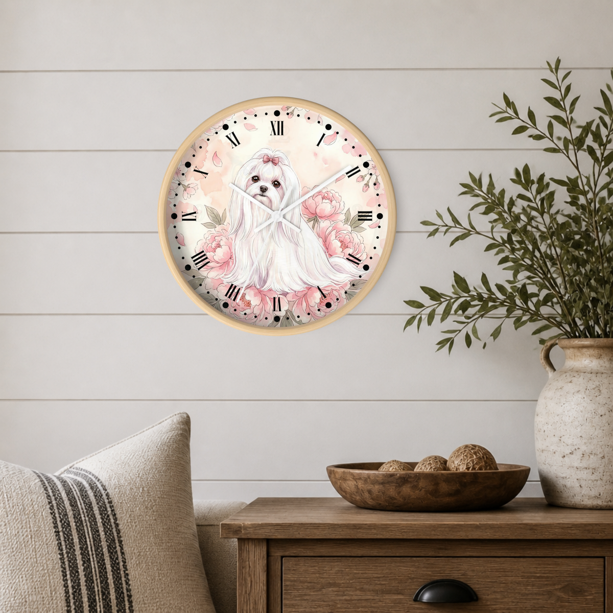 Floral Victorian Maltese Wall Clock — Watercolor Pink Peony Dog Decor